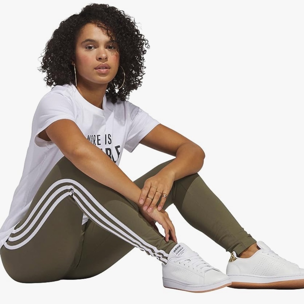 Adidas Women’s Essential Olive Green 3 Stripe Embroidered Logo Cotton Leggings L